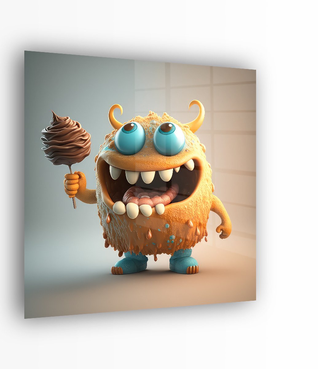 Indoorart - Glasschilderij 3D cartoon met ijs 70x70 CM - Afbeelding op plexiglas - Inclusief montagemateriaal