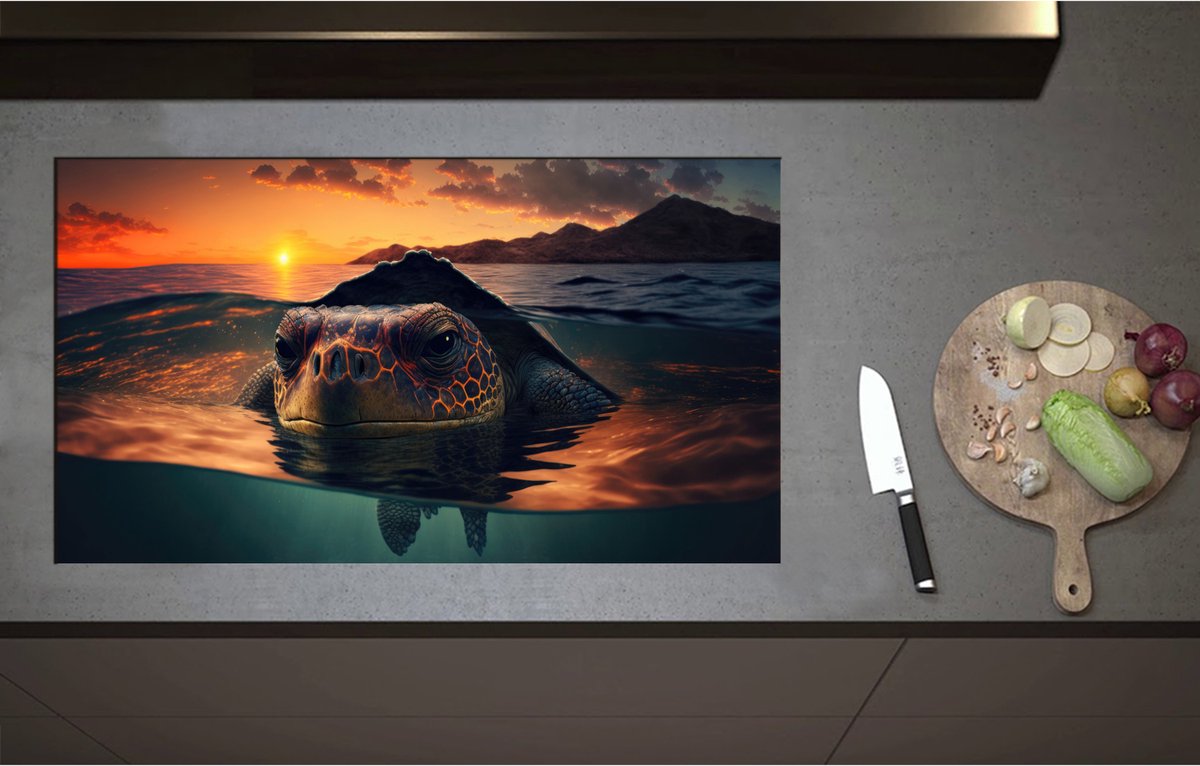 Inductieplaat Beschermer - Close-up van Boze Zeeschildpad Dobberend bij het Wateroppervlak - 90x51 cm - 2 mm Dik - Inductie Beschermer - Bescherming Inductiekookplaat - Kookplaat Beschermer van Zwart Vinyl