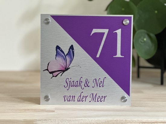 Plaque signalétique porte d'entrée couleur papillon aspect acier inoxydable