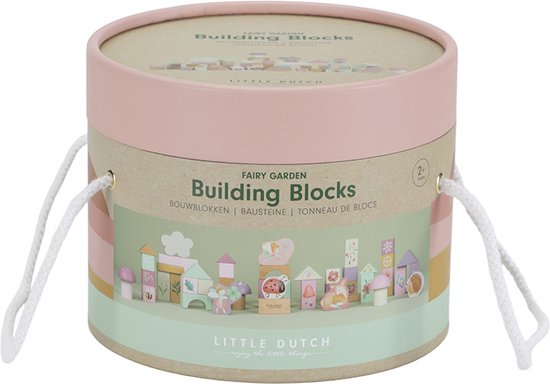 Ronde Little Dutch bewaardoos voor bouwblokken, met pastelkleurige strepen en de tekst 'Fairy Garden Building Blocks'.