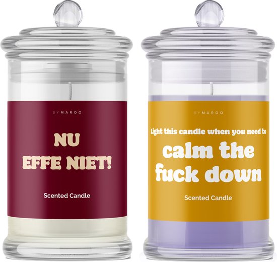 Kaarsen Duo Lavendel & Cotton - Nu Effe Niet - Calm The Fuck Down - Grappige Cadeaus Voor Ontspanning met Humor - Verjaardag Cadeau voor man, vrouw - Geschenkset - Kerstcadeau