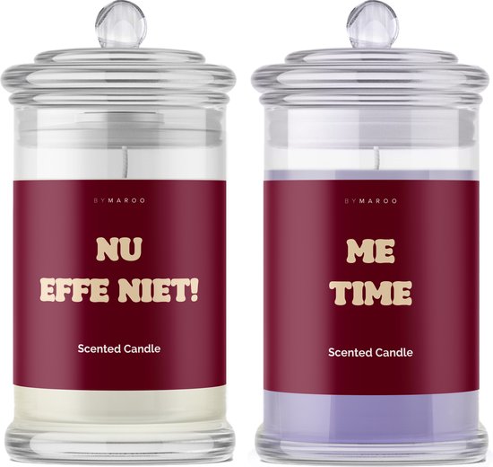 Kaarsen Duo Lavendel & Cotton - Nu Effe Niet - Me Time - Grappige Cadeaus Voor Ontspanning met Humor - Verjaardag Cadeau voor man, vrouw - Geschenkset - Kerstcadeau