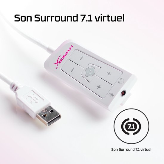 Witte HyperX USB-geluidskaart met volumeregeling en 7.1 surround sound.