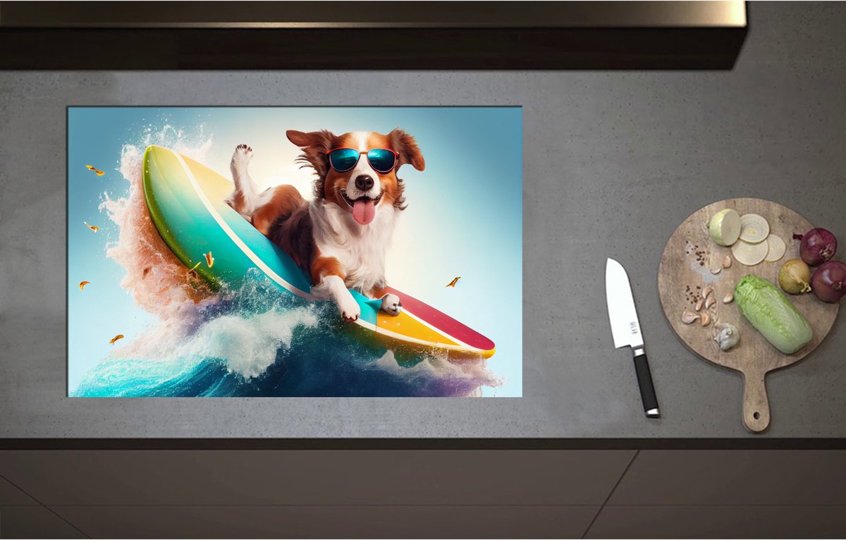 Inductieplaat Beschermer - Bruin met Witte Hond met Zonnebril op Surfplank - 80x52 cm - 2 mm Dik - Inductie Beschermer - Bescherming Inductiekookplaat - Kookplaat Beschermer van Wit Vinyl