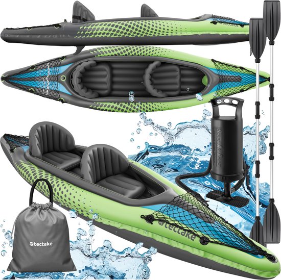 tectake® - Opblaasbare Kajak - Opblaasbare Kano voor 2 personen met 2x dubbele peddel en accessoires - Zitjes, pomp, transporttas - Watersport - Roeiboot