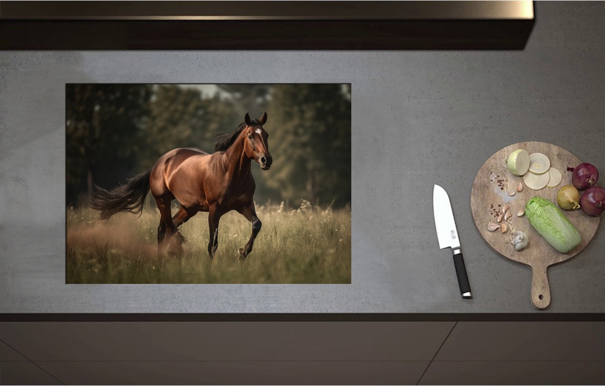 Inductieplaat Beschermer - Bruin Paard met Witte Bles Lopend door Weiland met Hoog Gras - 71x50 cm - 2 mm Dik - Inductie Beschermer - Bescherming Inductiekookplaat - Kookplaat Beschermer van Wit Vinyl