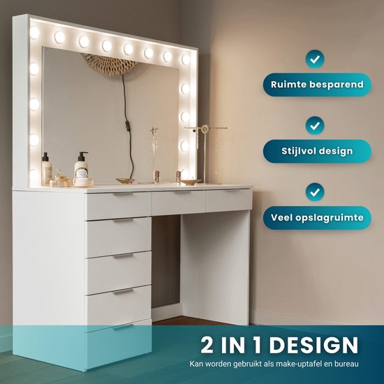 OKworld Kaptafel met Spiegel - Cosmeticatafel met 16 Dimbare LED Lampen - 147x120x47CM - Make Up Tafel met 7 Lades - Modern & Vintage Hollywood Cosmetica Kast - Make-Up Opbergkast - Wit
