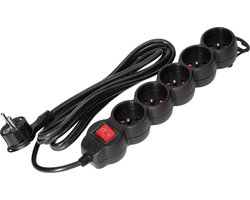 Stekkerdoos - Verlengsnoer -Verlengkabel - Met randaarde - 5 stopcontacten - 5 x 2P+E met schakelaar - 5 meter H05VV-F 1x1,5mm2, Imax=16A, Zwart max 3680 watt- VOOR België