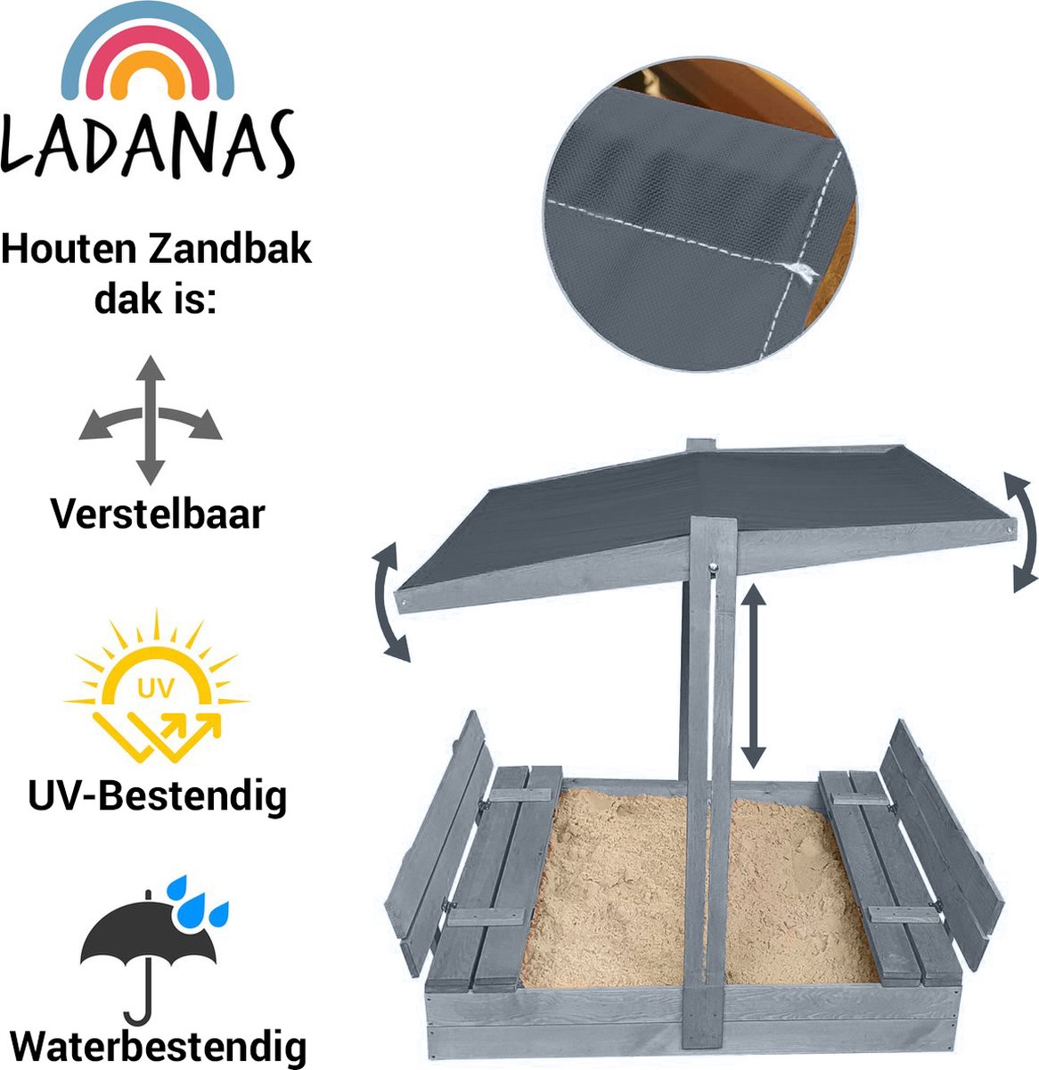 Afsluitbare XL Zandbak met Dak 140x140 cm – Gecertificeerd & Geïmpregneerd Hout | Incl. AFDEKZEIL, GRONDDOEK & Montagevideo | Voor 2-3 Kinderen | Grijs — afbeelding 7
