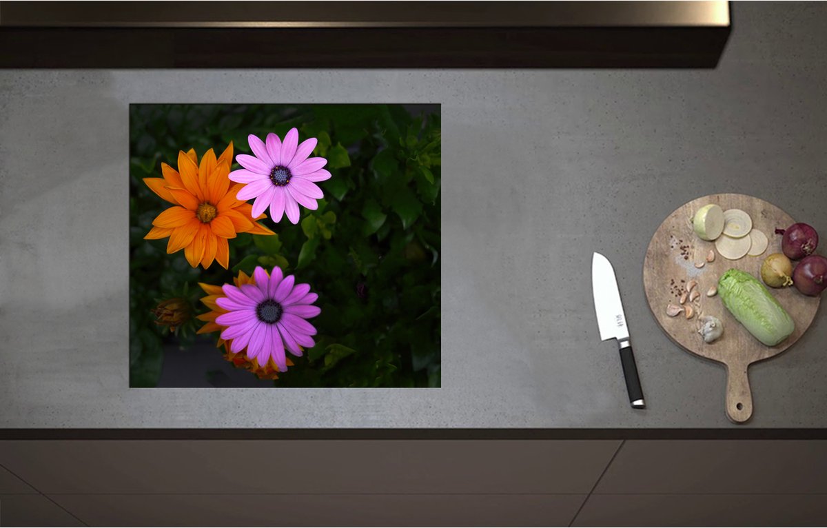 Inductieplaat Beschermer - Bovenaanzicht van Roze en Oranje Spaanse Margietjes Bloemen in de Struiken - 57x52 cm - 2 mm Dik - Inductie Beschermer - Bescherming Inductiekookplaat - Kookplaat Beschermer van Zwart Vinyl