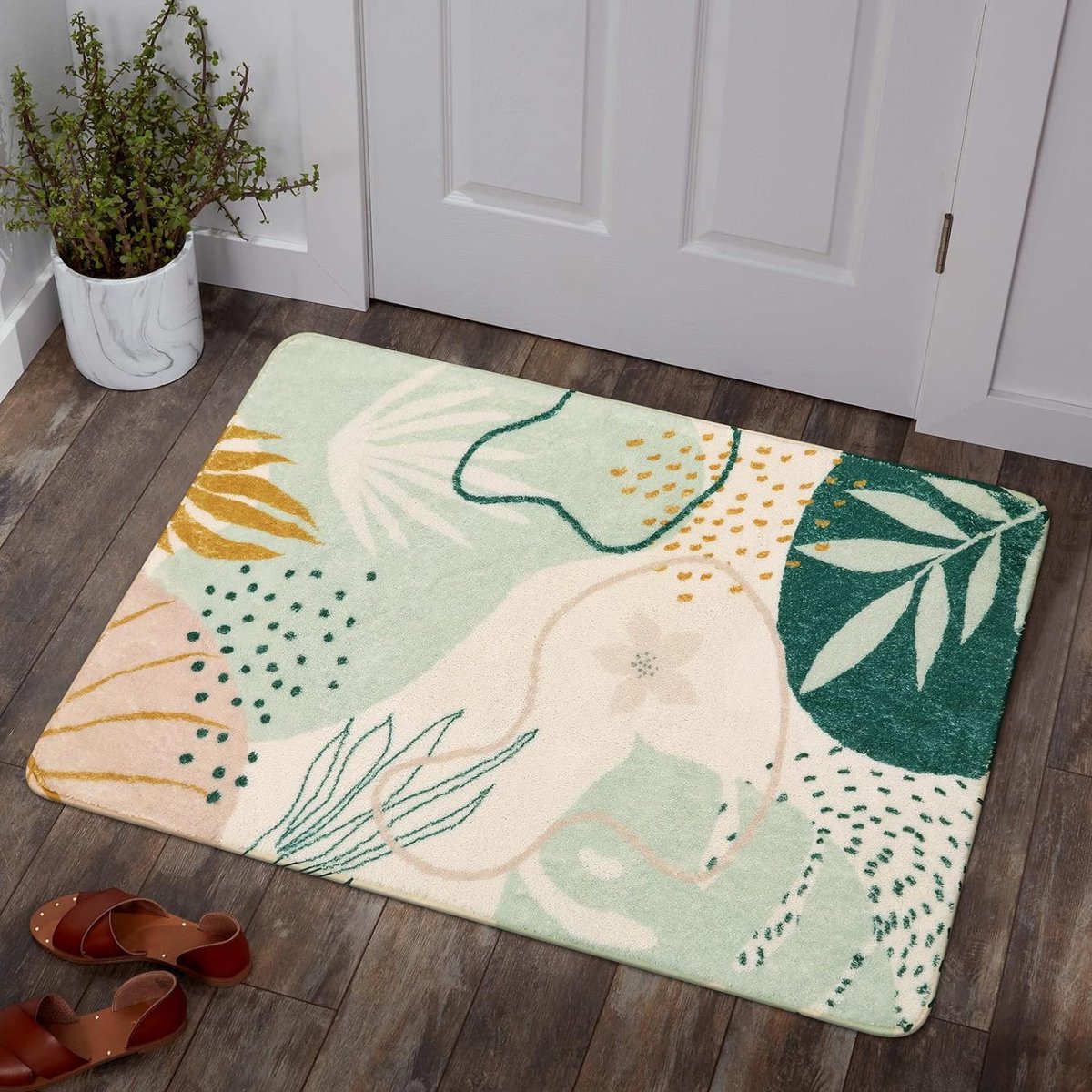 Green Plants kleine deurmat voor binnen, badmat, 60 x 90 cm, wasbaar, zacht, antislip, laagpolig, badkamertapijt, ruimte voor entree, kinderkamer, slaapkamer