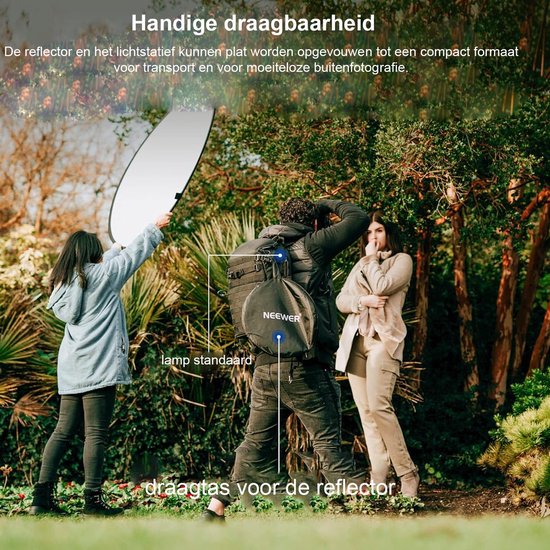 NEEWER 110 cm lichtreflectorset, 5-in-1 opvouwbare ronde reflector ( doorschijnend/zilver/goud/wit/zwart), metalen klem en korte standaard van 53 tot 110 cm voor fotografie in de kinderstudio