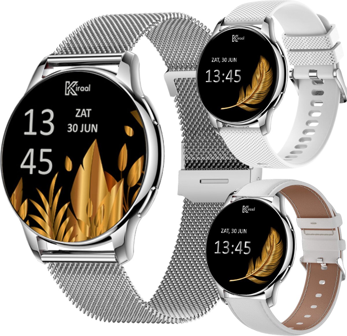Kiraal Valencia AMOLED Smartwatch voor Dames - RVS Lederen en Siliconen Bandje - Multisport - Slaapmonitor - Stappenteller - Hartslagmeter - Compatibel met Android en iOS - Zilver en Wit