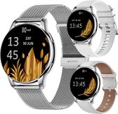 Kiraal Valencia AMOLED Smartwatch voor Dames - RVS, Lederen en Siliconen Bandje - Multisport - Slaapmonitor - Stappenteller - Hartslagmeter - Compatibel met Android en iOS - Zilver en Wit