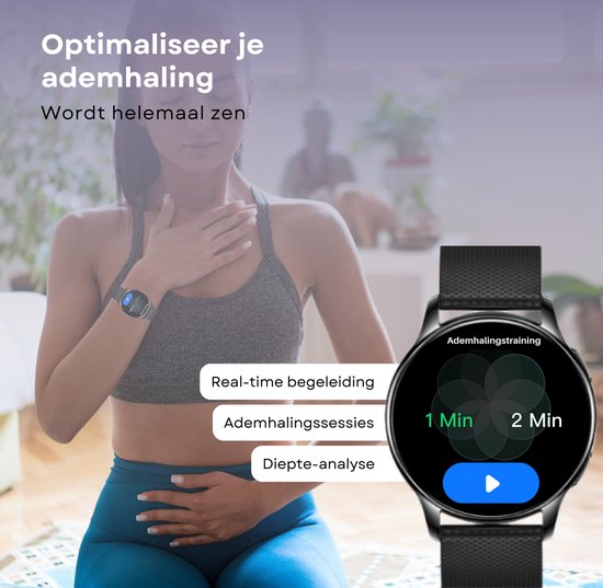 Vrouw in sportkleding mediteert met ogen dicht, polshorloge toont ademhalingsoefening. "Optimaliseer je ademhaling".