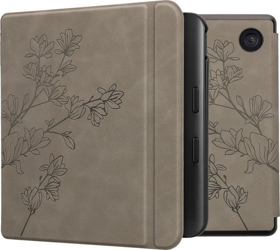 kwmobile Étui pour liseuse compatible avec Kobo Libra Color Cover - Étui à rabat pour liseuse avec support - Étui pour liseuse en simili cuir - Design Magnolia en gris