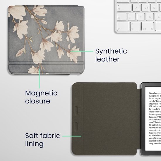 kwmobile e-reader hoesje geschikt voor Kobo Libra Colour hoes - E reader flip case met magnetische sluiting - Ereader cover - Magnolia design in taupe / wit / blauwgrijs van Merkloos — afbeelding 4