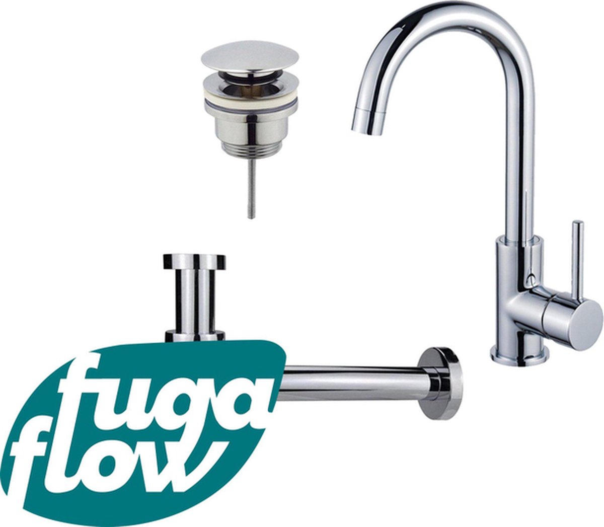 FugaFlow Eccelente Sobrado Badkamer Wastafelkraanset hoge wastafelkraan draaibare uitloop klikwaste plug verlaagde design sifon Chroom
