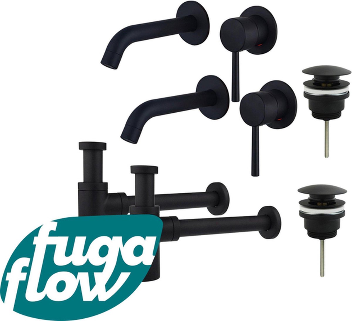 FugaFlow Eccelente Sobrado Badkamer Wastafelkraanset voor dubbele wastafel inbouw wastafelkraan klikwaste plug design sifon Mat zwart