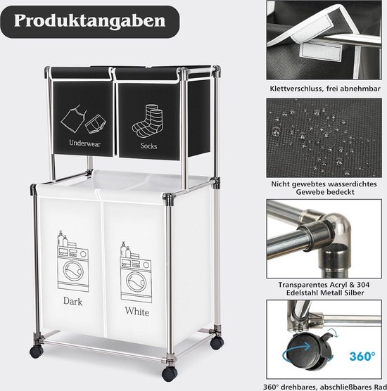 3-delige Waswagen Commerciële Wassorteerder, 15 Kg Belastbare Wasverzamelaar Oxford Stoffen Waswagen Wasscheider Oprolbaar Mobiel Wassorteersysteem Wasmand Waskast