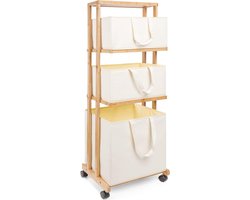 Bamboe Wasmand met Wieltjes - Wasverzamelaar en Badkamerrek - 4 Verdieningen en 3 Opbergmanden - 121x34x42cm - 50kg belastbaar