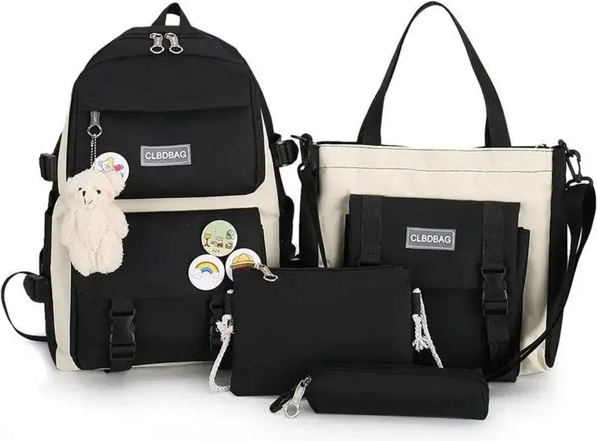 Sara Shop /4-delige Rugzak Set / schooltas dames / Schoolrugzak voor meisjes / Rugtas meisje / Rugzak / Meisje schooltassen ste / schooltas meisje middelbaareschool / Dames schooltas / Rugzak Set / Schooltas set / schooltassen tieners / Zwart