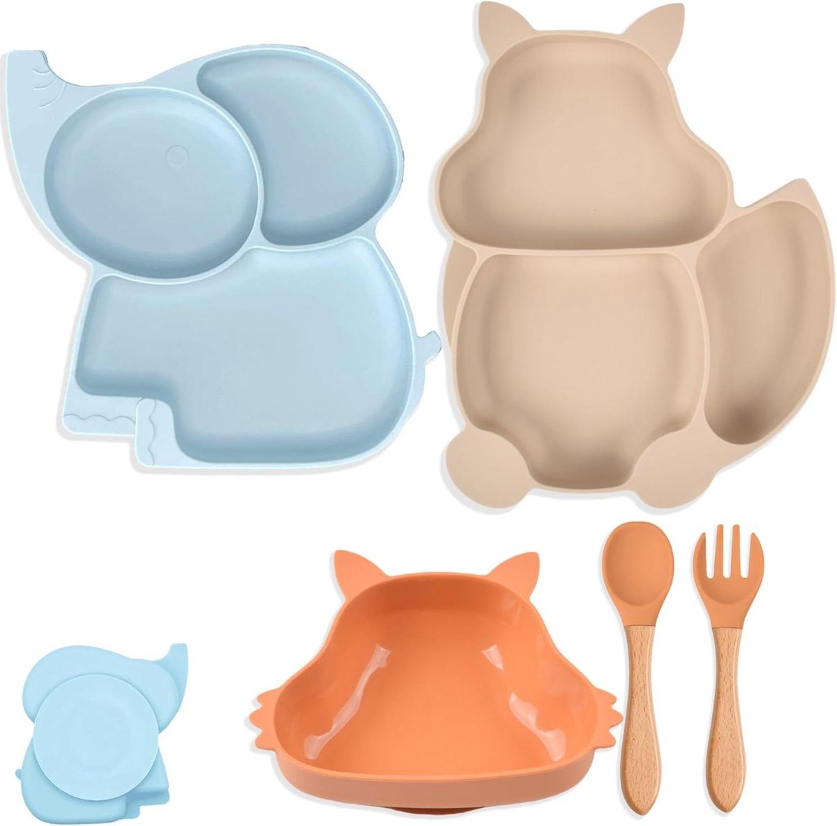 Goedkoopste Babybord van siliconen x 2 - kom met zuignappen - bestek van hout - spatwaterdicht - kinderbord - babycompartimenten - 3 stuks