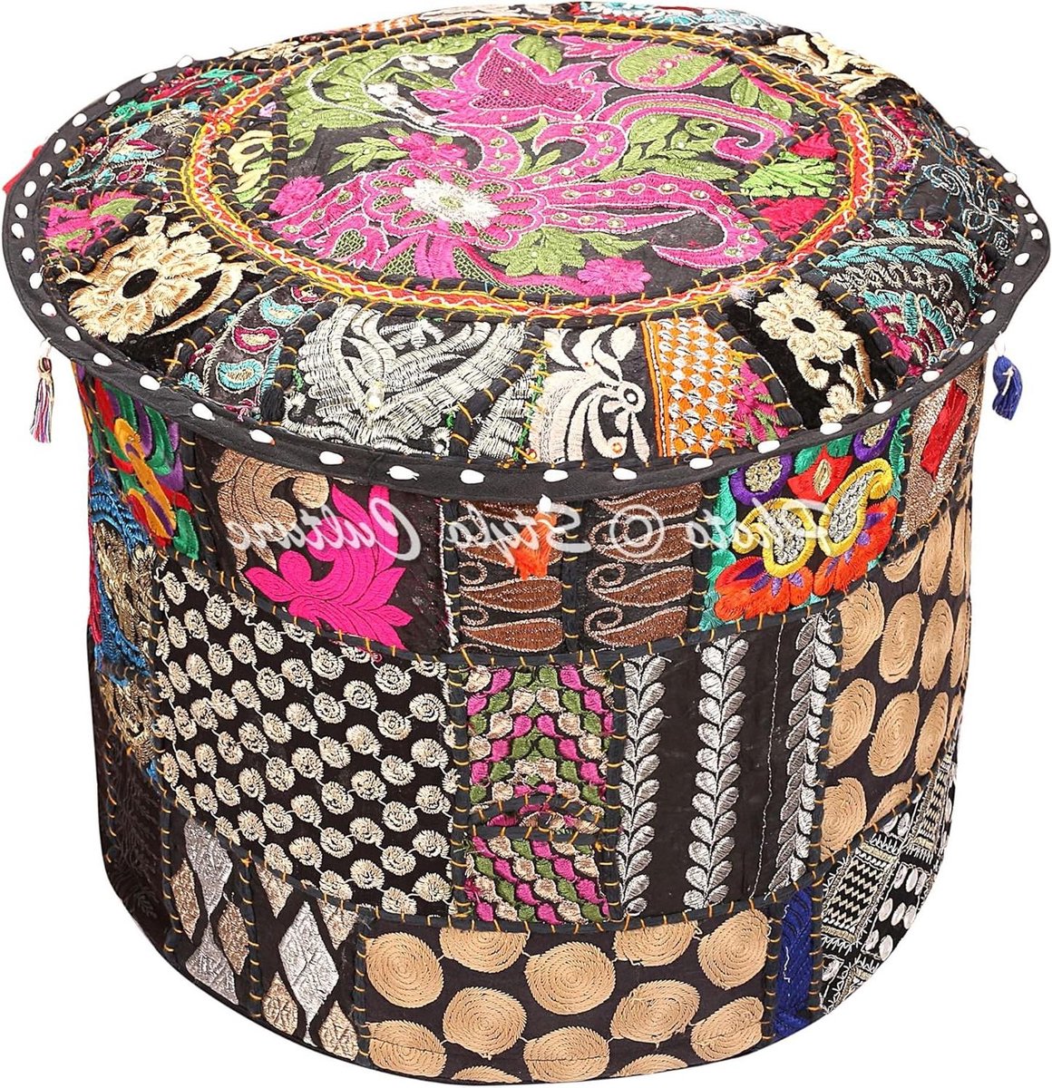 Indisch geborduurd patchwork katoenen Ottomaanse poef voetenbankhoes - zwart - traditioneel - ronde hoes - 45cm - alleen cover