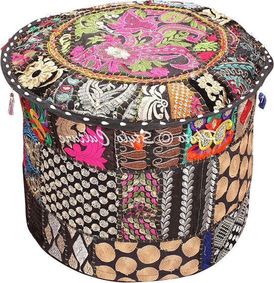 Foto: Indisch geborduurd patchwork katoenen ottomaanse poef voetenbankhoes zwart traditioneel ronde hoes 45cm alleen cover
