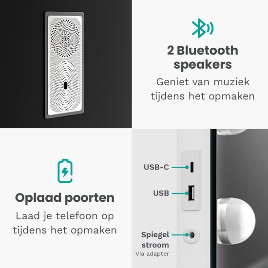 Mirlux Hollywood spiegel met 2 Bluetooth speakers en USB-C/USB oplaadpoorten.