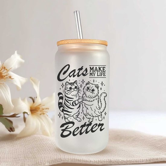 Foto: Glazen drinkbeker met rietje en deksel longdrinkglazen ideaal voor water cocktail whiskey frisdrankglazen 500ml ijskoffie beker blikvormige glazen bekers beer can cocktailglazen kat cadeau ijskoffie glas matcha