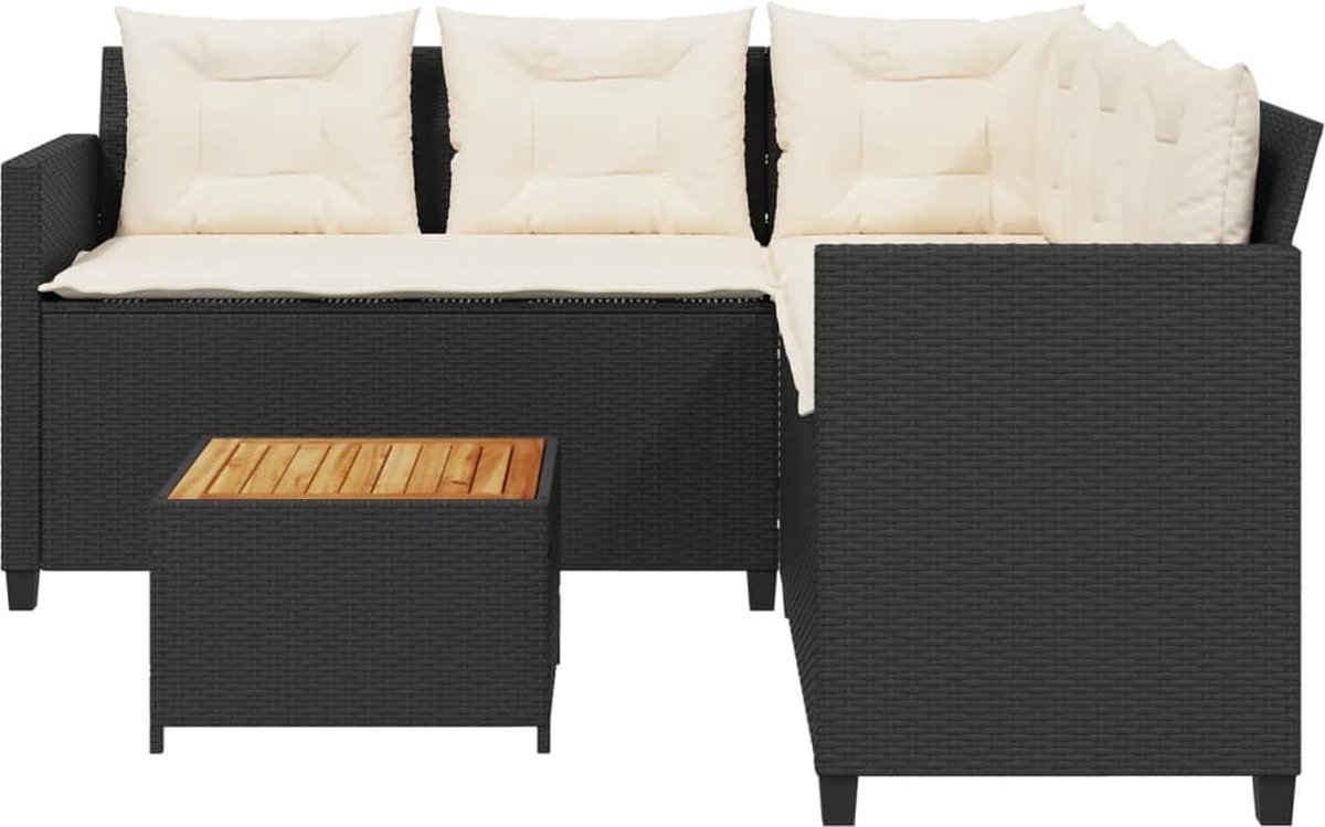 vidaXL Tuinbank - met - tafel - en - kussens - L-vormig - poly - rattan - zwart