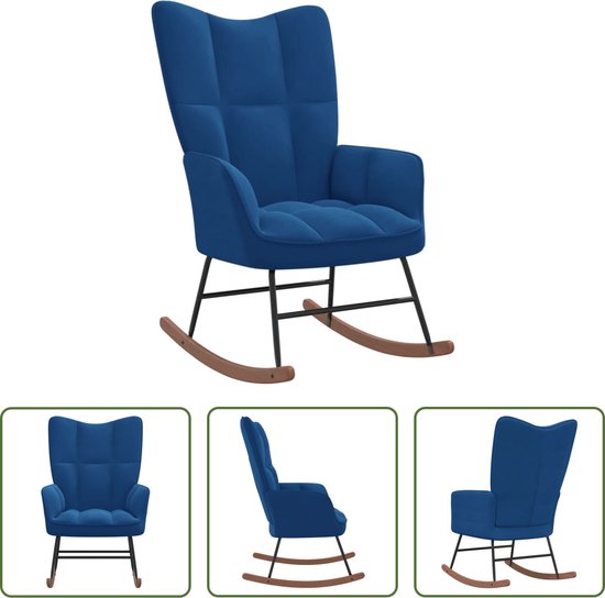 Foto: The living store schommelfauteuil blokpatroon 61 x 78 x 98 cm blauw fluweel