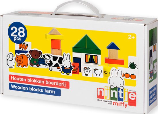 Doos met 28 houten blokken met boerderijthema, inclusief dieren, huizen en Miffy.