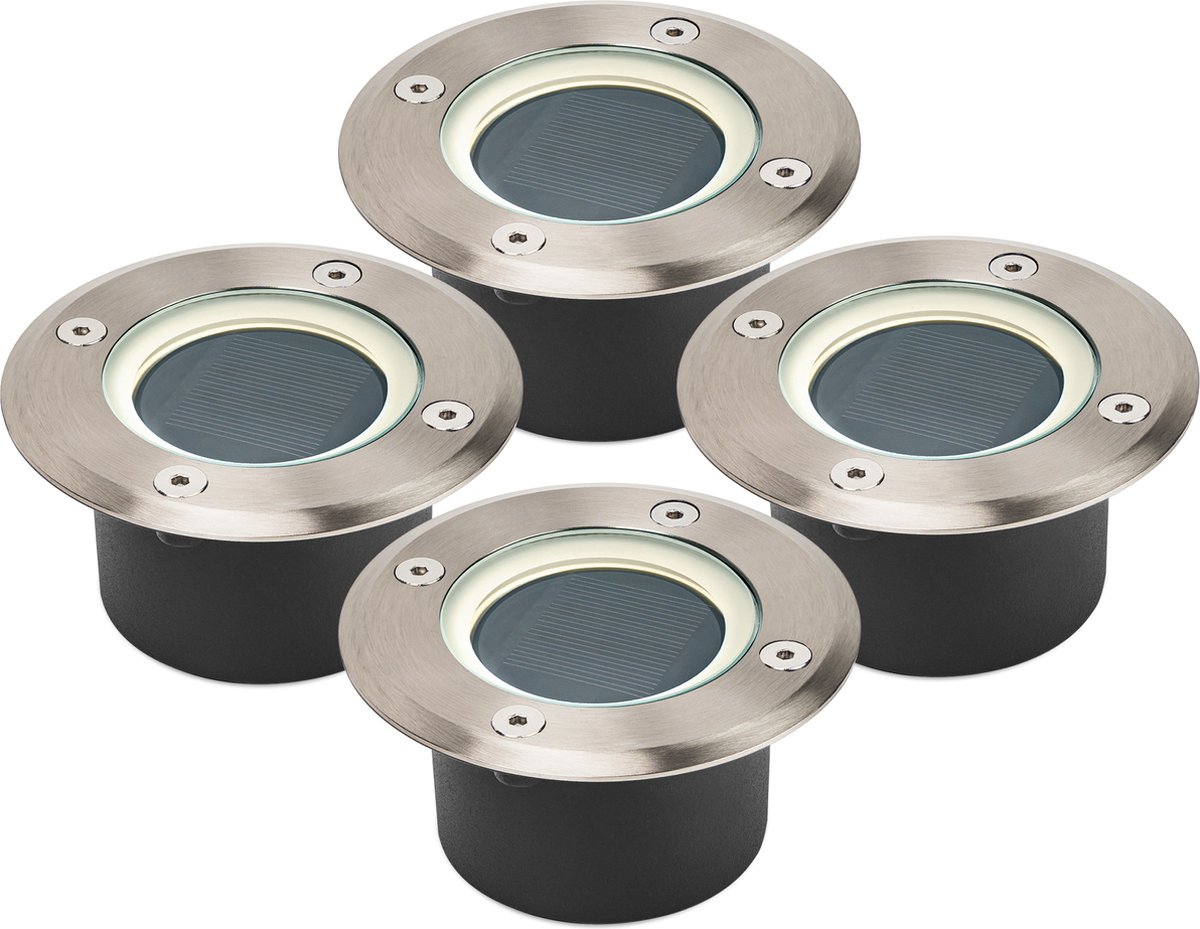 Brendz 4 stuks Solar Grondspot voor Buiten LED, 20 Lumen, IP67 Waterdicht, 3000K Warm Wit Licht, Lithium-Polymeer Batterij, Solar Tuinverlichting Grondspots, Zilver, Doha