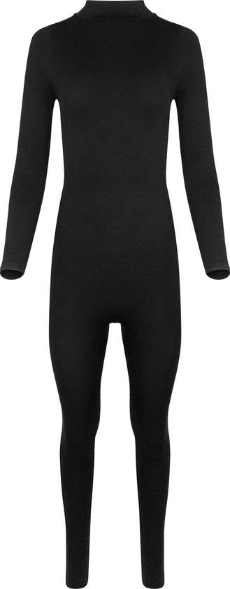 Zwarte jumpsuit met lange mouwen en hoge hals.