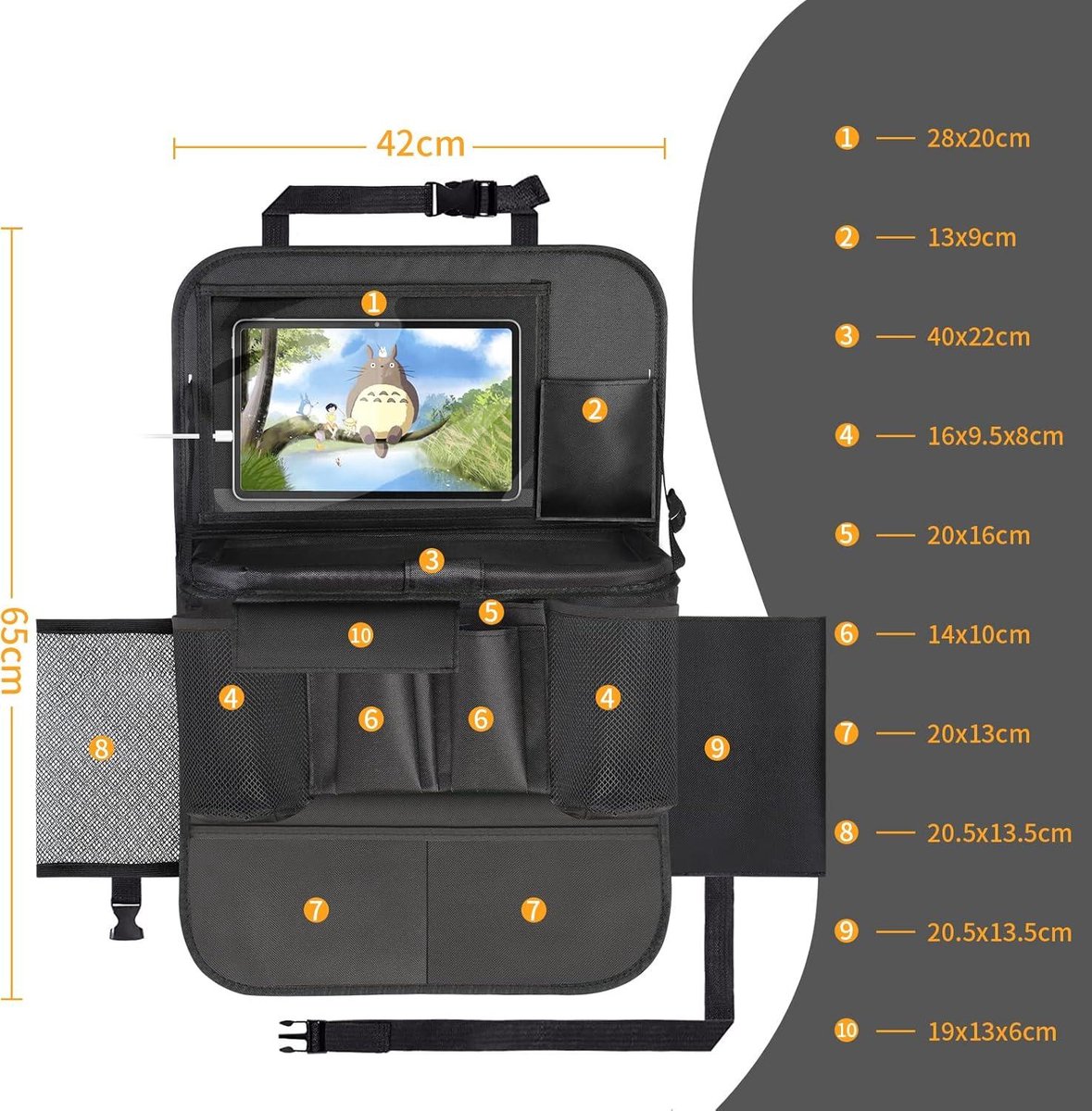 Rugleuningbescherming met opvouwbare tafel - Autoorganizer voor kinderen met 12 inch tablethouder - Waterdichte achterbank-organizer met 13 zakken Auto tafel – foto 5