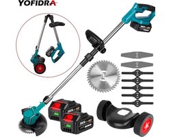 Yofidra - Grasmaaier elektrisch - Grasmaaier accu - Grastrimmer - Opvouwbaar - Draadloos - 2x Makita 18V batterij - lichtblauw