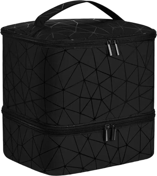 Zwarte make-up koffer met geometrisch patroon en handvat, met twee compartimenten en ritsen.