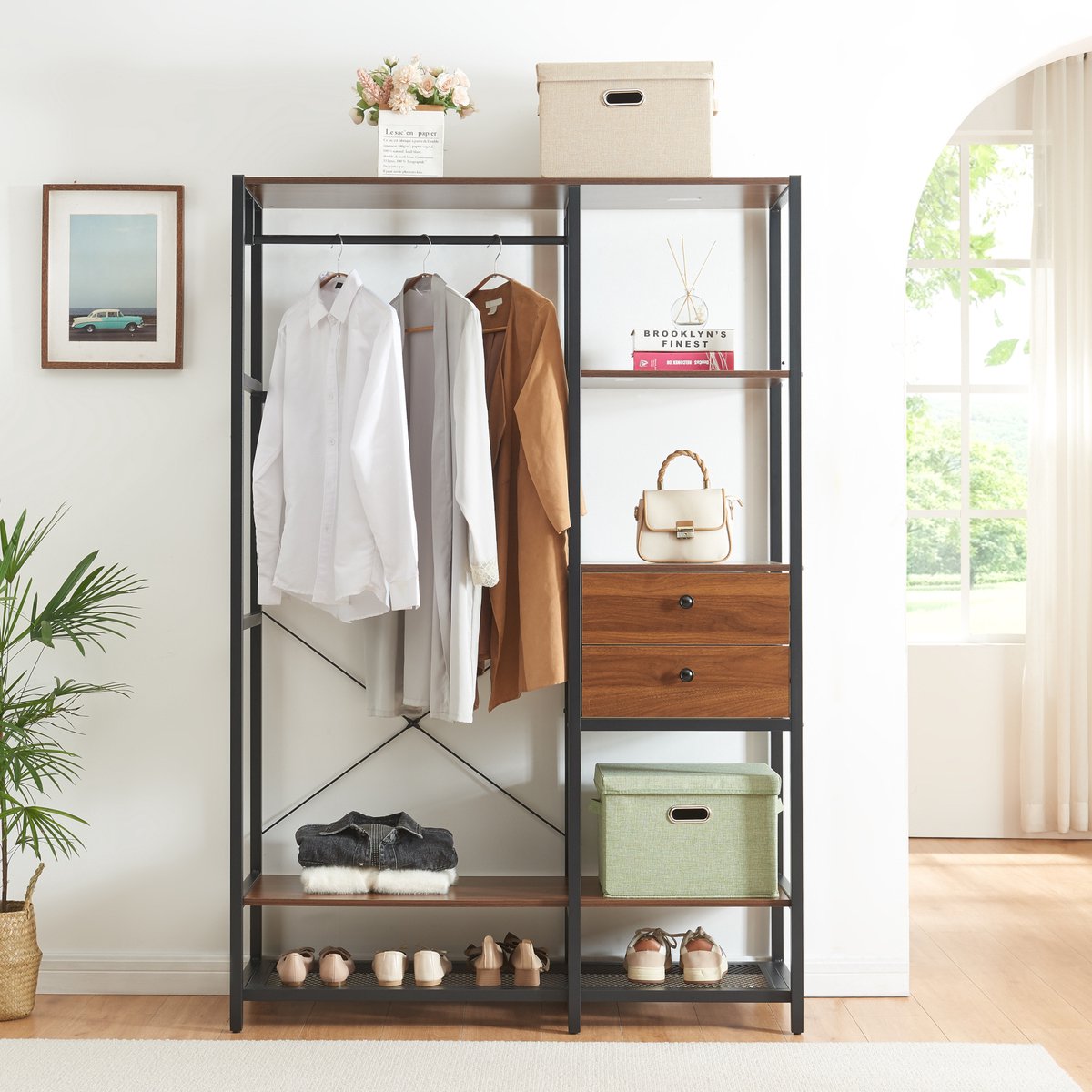en.casa Kledingkast Larem open kast 180x120x40 cm zwart en walnootkleurig [en.casa]