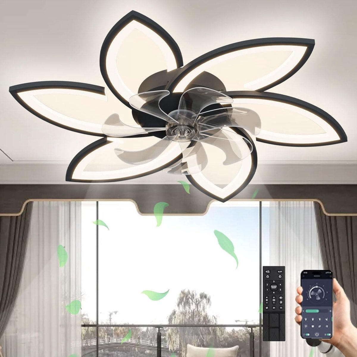 LuxiLamps - 6 Sterren Plafondlamp Met Ventilator - Zwart - Met Afstandsbediening - Smart lamp - Dimbaar Met App - 6 Standen Ventilator - Woonkamerlamp - Moderne lamp - Plafoniere