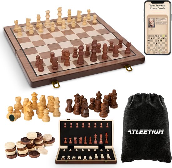 Foto: Atleetium schaakbord met schaakstukken schaakspel dambord met damstukken damspel chess schaken dammen inclusief gratis e book 40cm hout