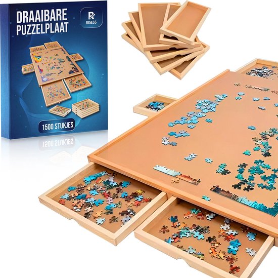 FlinQ Puzzelbord Met Opbergsysteem – Houten Puzzelplaat Met 6 Lades En Sorteerbakjes – Geschikt Voor 1000 Stukjes