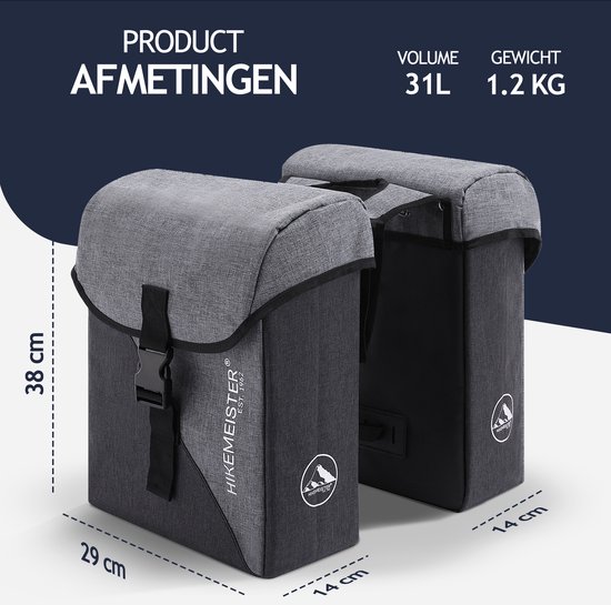 Hikemeister ® Amsterdam - Fietstas Dubbel - Waterafstotend Materiaal - 31L - Grijs - 300D Polyester - Fietstassen elektrische fietsen van Hikemeister — afbeelding 2