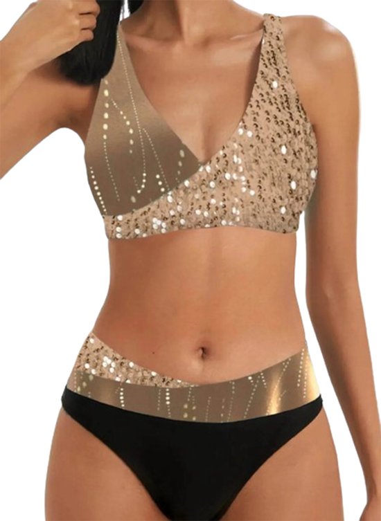 Foto: Aurea bikini goud hoge taille met push up bh goud met zwart dames strandkleding