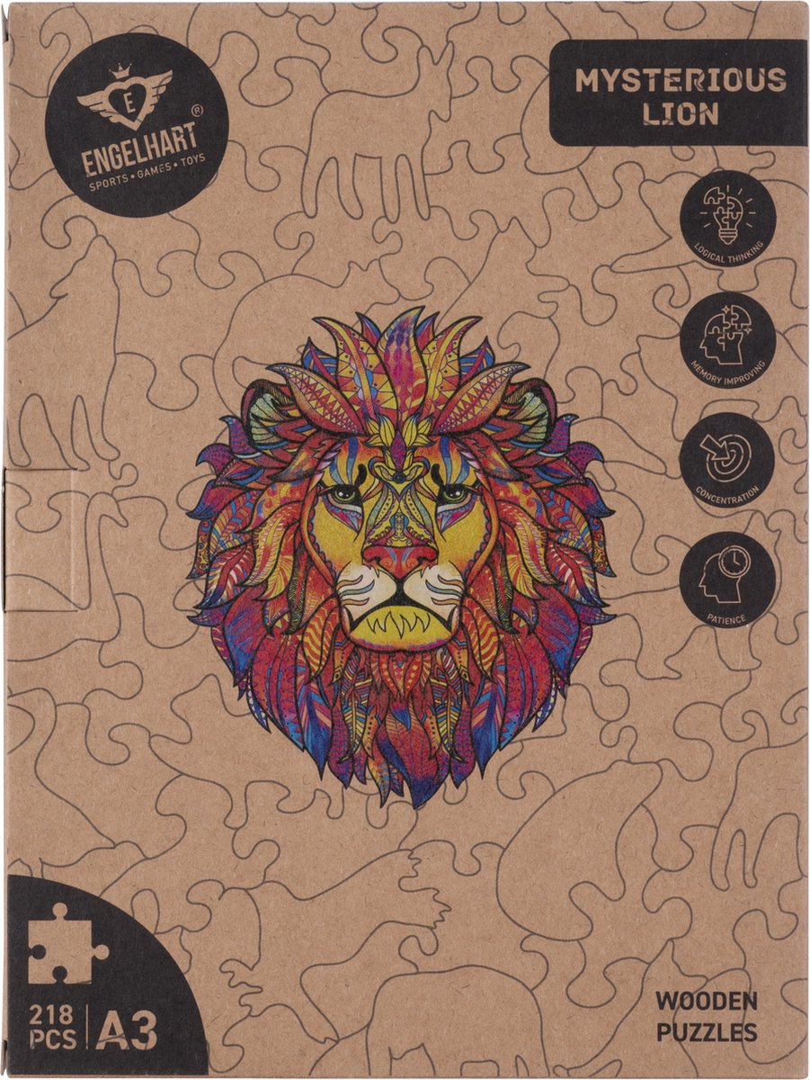 Houten Puzzel Leeuw – 218 Unieke Puzzelstukjes – A3 Formaat Grote Houten Legpuzzel – Dieren Puzzelspel – Uitdagend Denkspel – Inclusief Opbergetui – Engelhart — afbeelding 10