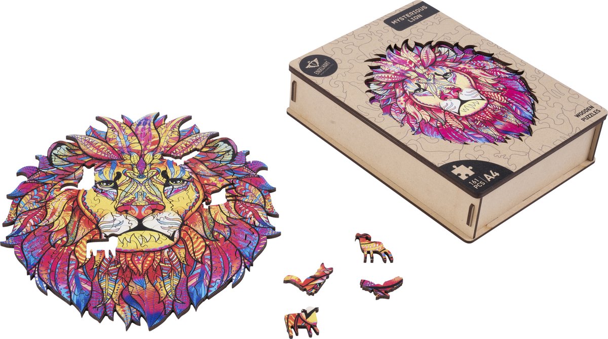 Houten Puzzel Leeuw – 161 Unieke Puzzelstukjes – A4 Formaat Houten Legpuzzel – Dieren Puzzelspel – Uitdagend Denkspel – Inclusief Opbergetui – Engelhart — afbeelding 13