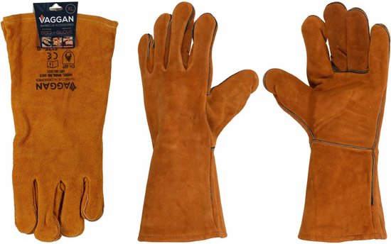 Set van bruine lederen BBQ handschoenen, met VAGGAN verpakking.