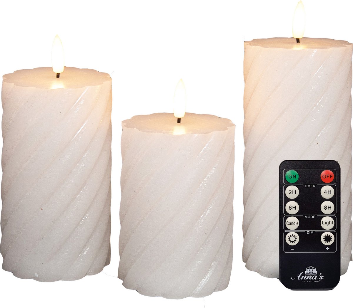 Anna's Collection Anna Collection LED kaarsen/stompkaarsen set - 3x st - wit - swirl - afstandsbediening