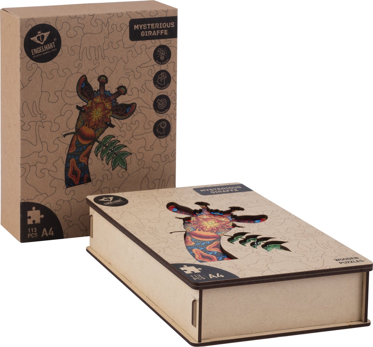 Houten Puzzel Giraf – 113 Unieke Puzzelstukjes – A4 Formaat Houten Legpuzzel – Dieren Puzzelspel – Educatief Denkspel – Inclusief Opbergetui – Engelhart — afbeelding 9